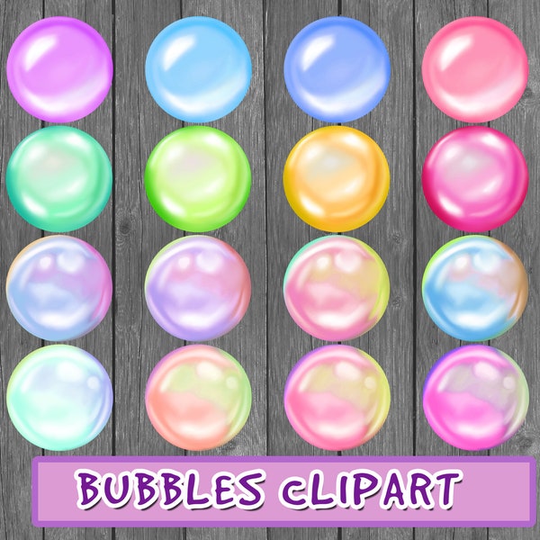 16 Individual Bubbles Clipart, Digital PNG, Hand Drawn, Digital Download, Rainbow Bubbles, Soap, Foam, Water, Bubble, Circle