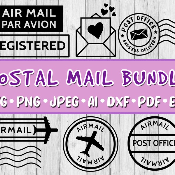 Postal Mail SVG Bundle, Bundle of 8, Digital Download, Cricut, Svg, Jpeg, Png, Dxf, Eps, Ai, PDF, Postmark, Postage, Airmail, Par Avion,Love
