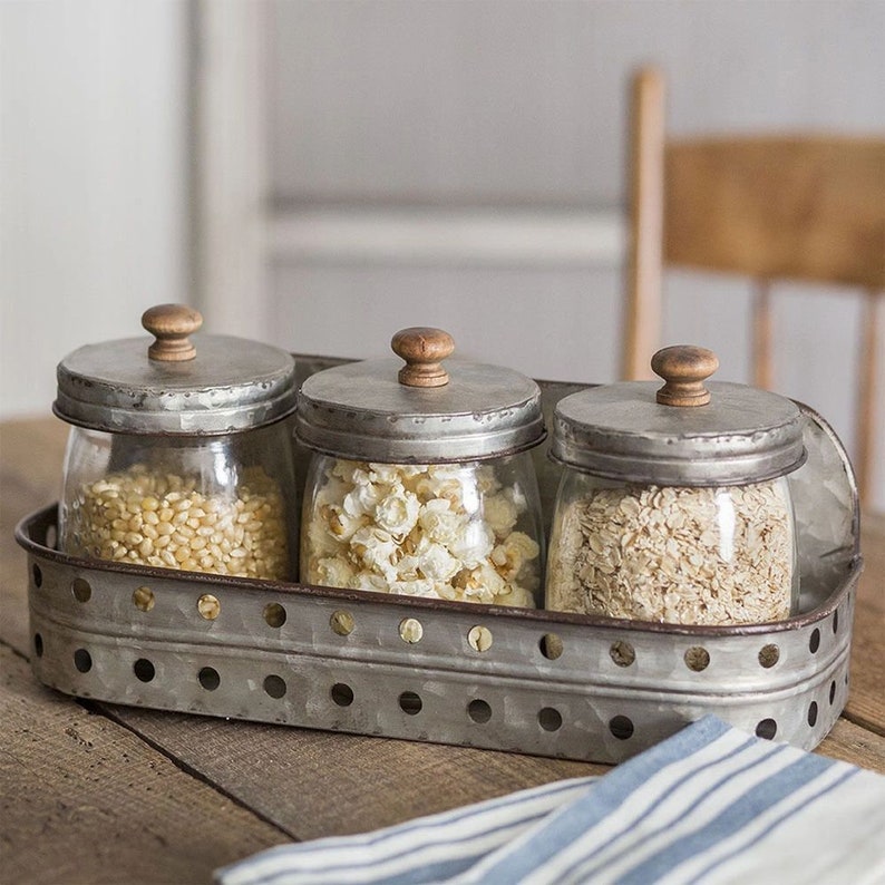 Galvanized Glass Canister Set Farmhouse Decor Kitchen Etsy