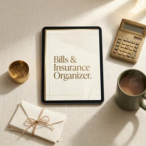 May include: A digital tablet displaying "Bills & Insurance Organizer" in a serif font, next to a gold-coloured calculator, a green mug, a small gold container of paper clips, and a stack of envelopes tied with twine.