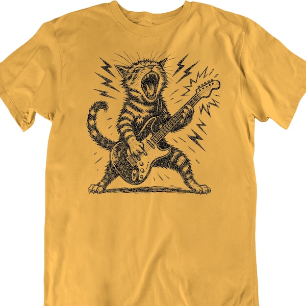 Chemise chat rock and roll t-shirt kitty guitare électrique cadeau drôle de mélomane pour lui son t-shirt groupe d'animaux cool graphique en détresse vintage