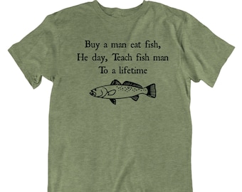 Funny Fish Shirt Buy a Man Eat Fish Meme Tee Confusing Saying Gift for Fisherman Weird Quote Shirt for Dad Husband Boyfriend Novelty Tee