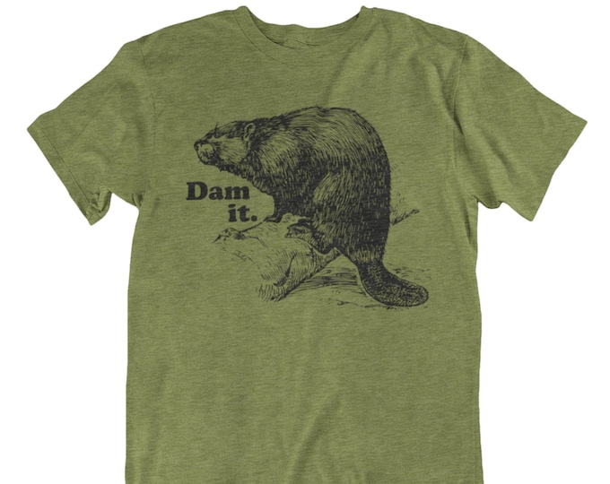 Funny Beaver Tshirt, Unisex Punny Graphic Tee, Hand Printed Vintage Dad Shirt, Distressed Novelty Mens Summer Shirt, Gift for Dad