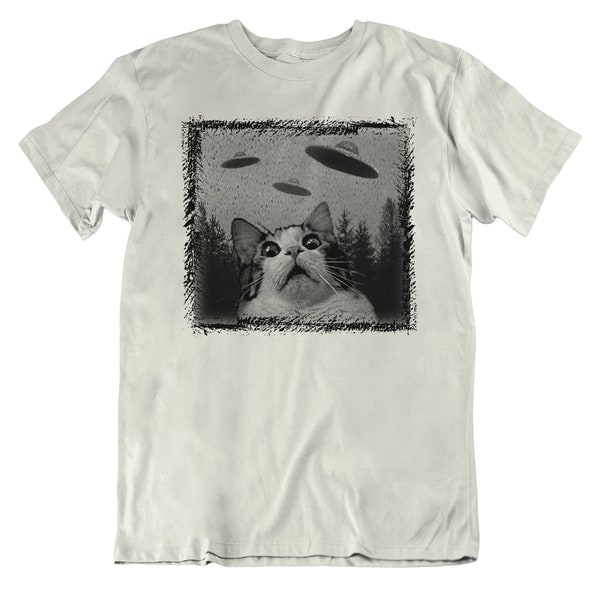Funny UFO Cat Shirt, Unisex  Hand Printed Graphic Meme Tee, Vintage Weirdcore Tshirt, Sci fi Alien Cat Dad Shirt, Shirts That Go Hard