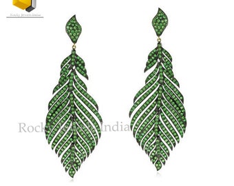 Pendientes de plumas con piedra preciosa tsavorita en plata de ley