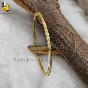 14k Gold Diamond Bangle Bracelet: Sterling Silver Pave Setting, 60mm