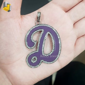 Elegante colgante de letra D esmaltada de color morado, plata de ley 925, alfabeto D con engaste de pavé real natural, joyería oxidada con diamantes, regalo