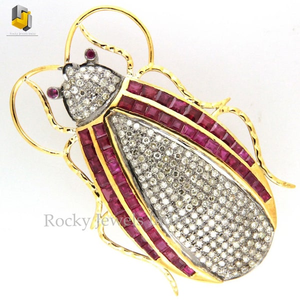 14k gold 925 sterling silver pave setting natural diamond natural ruby baguette pendant cockroach pendant stylish diamond fine jewelry