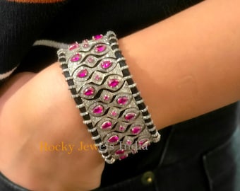 925 Sterling Silver Pave Diamond & Ruby Bracelet - 7.5 Inch