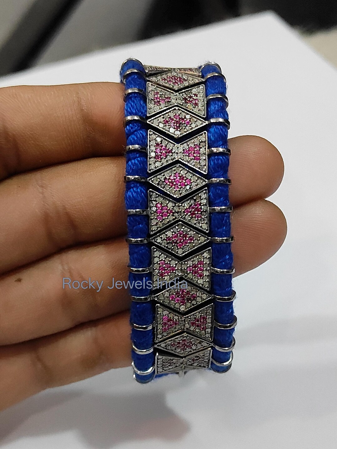 Blue Ruby Diamond Royal Blue Ruby & Diamond Macrame Bracelet: 925 Sterling Silver ...