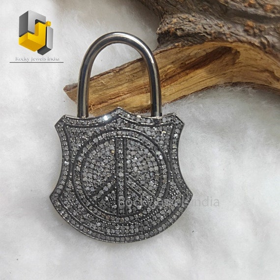 Diamond Peace Sign Lock Pendant: Gunmetal Sterling Silver Unisex