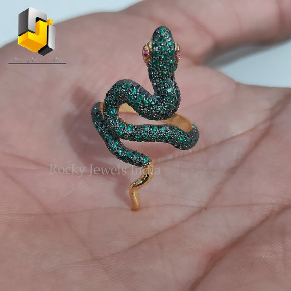 14k Gold Emerald Snake Ring: Ruby Eyes, Unisex Halloween Jewelry