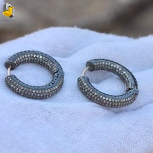 14k gold Jewelry, Diamond Earrings, Hoop Earrings, Genuine Diamond Earrings ,Pave Round Earrings, Pave Gold Earrings,Oxidized Black Earring