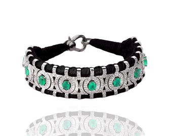 Handmade Emerald & Diamond Silver Bracelet | Macrame Cuff