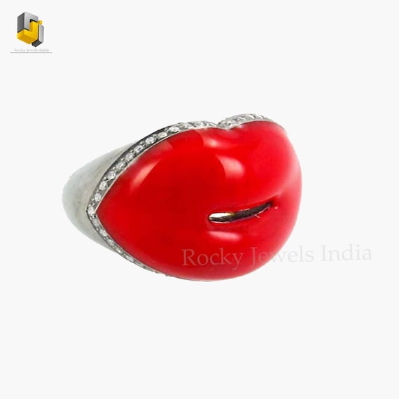Red Enamel Lips Ring: Diamond Pave 925 Sterling Silver