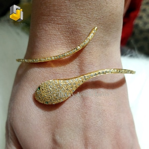14k Gold Diamond Snake Bangle Bracelet: Sterling Silver Pave