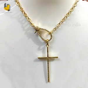 16&quot;inch 14k yellow gold 925 sterling silver pave setting natural diamond cross pendant with diamond clasp beautiful unisex necklace