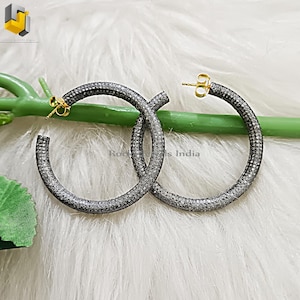 Oxidized Sterling Silver Pave Diamond Hoop Earrings (50mm)