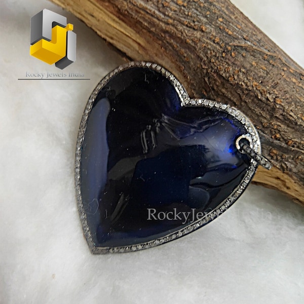 New Arrival 55mm 925 sterling silver pave setting natural diamond blue enamel heart pendant beautiful gorgeous heart diamond pendant jewelry
