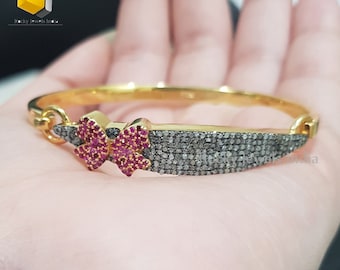 Two-Tone 14k Gold Sterling Silver Diamond Ruby Bangle Bracelet