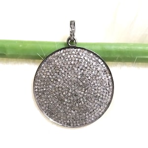 Oxidized Sterling Silver Diamond Pave Pendant - 35mm Round Disk