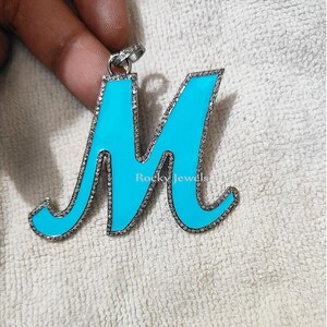 Sky Blue Enamel Letter M Pendant: Sterling Silver Diamond Charm