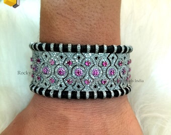 925 Sterling Silver Pave Diamond & Ruby Bracelet, 7.5 Inch