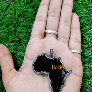 Africa Map Pendant: Diamond Pave, Black Enamel, Sterling Silver