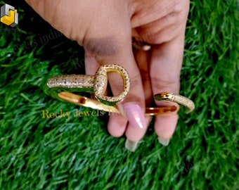 14k Gold Horseshoe Bangle Bracelet: Sterling Silver Pave Diamond