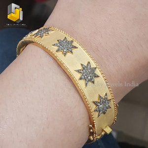 14k Gold Matte Star Bangle Bracelet: Sterling Silver Pave Diamond