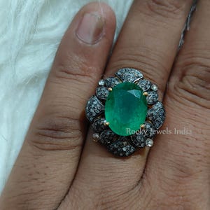 Sterling Silver Pave Diamond Ring: Natural Emerald Leaf Jewelry