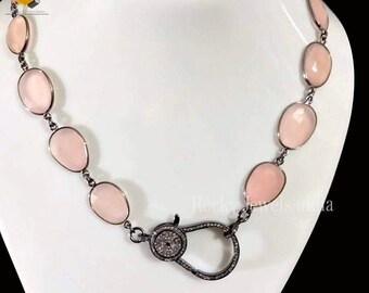 Rose Quartz Gemstone Necklace: 925 Sterling Silver Pave Diamond Clasp