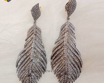 Pendientes de plumas de diamantes: oro amarillo de 14 k, pavé de plata de ley (75 mm)