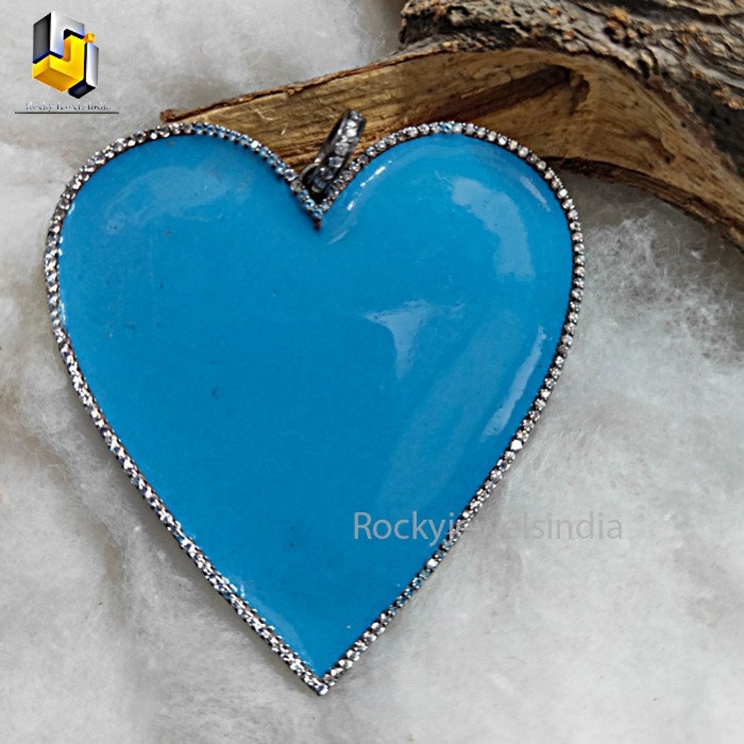 Sky Blue Enamel Heart Pave Setting Natural Diamond Enamel Heart Pendant ...