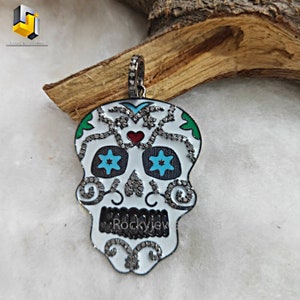 Sterling Silber Pave Diamant Schädel Anhänger - Weißer Emaille Halloween Schmuck