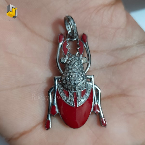 Beautiful Red enamel pave genuine natural diamond amazing red cockroach bee shape pendant necklace unisex fine diamond pave jewelry