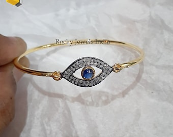 14 k gold bangle 925 sterling silver pave setting natural diamond oxidized evil eye bangle with natural sapphire gemstone bracelets jewelry