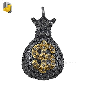 Collana con ciondolo a forma di sacchetto di denaro ossidato con simbolo del dollaro in oro 14 k, ciondolo in argento sterling 925 con diamanti naturali incastonati, gioielli unisex
