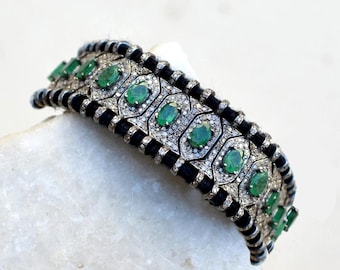 Emerald Diamond Macrame Bracelet: 925 Sterling Silver Adjustable Jewelry