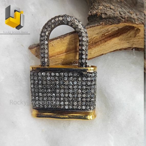 14k Gold & Sterling Silver Diamond Lock Pendant: Pave Jewelry