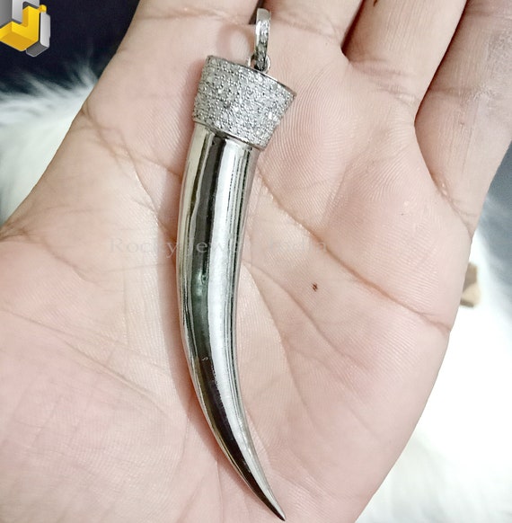 Italian Horn Pendant: Sterling Silver Corno With Diamond Pave