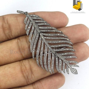 925 sterling silver pave setting natural diamond beautiful feather shape diamond pendant pave natural diamond oxidised colour pendant