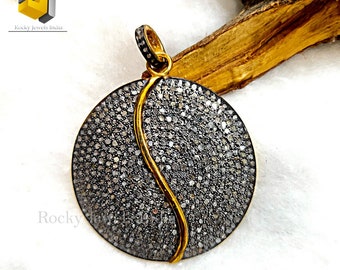 14k Gold Sterling Silver Pave Diamond Disk Pendant