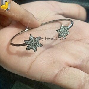 925 Sterling Silver Star Bangle: Pave Natural Diamond Bracelet