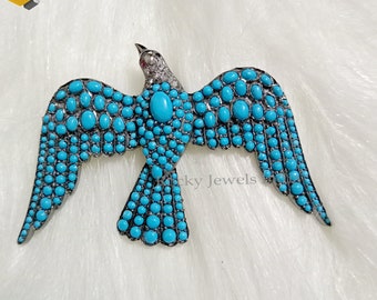 Eagle hand Carved Bird Natural Turquoise gemstone pendant 925 sterling silver pave natural real diamond pendant eagle bird gemstone pendant