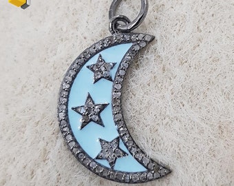 Sky Blue Enamel Moon Pendant: Diamond Stars, Sterling Silver