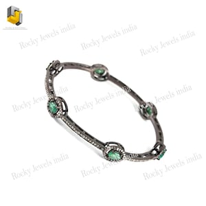 Diamond & Emerald Bangle: 14k Gold, Sterling Silver Pave Setting, 60mm