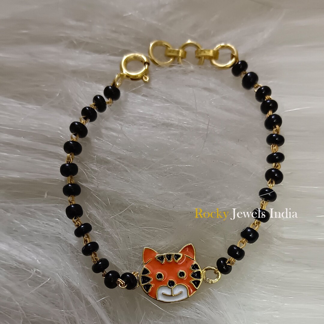Bracciale con ciondolo a forma di gatto: argento sterling 925, perline nere spinali - Italia