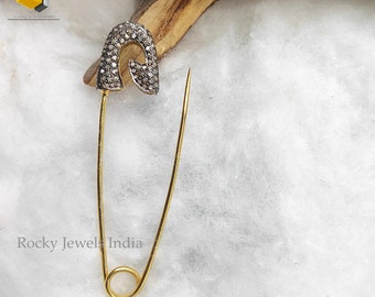 14k Gold Sterling Silver Diamond Safety Pin Brooch Pendant