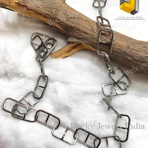 18&quot;inch 925 sterling silver pave setting A++ Quality Fables Oxidised Silver 925 Sterling Silver Pave Diamond Chain Unisex Necklace